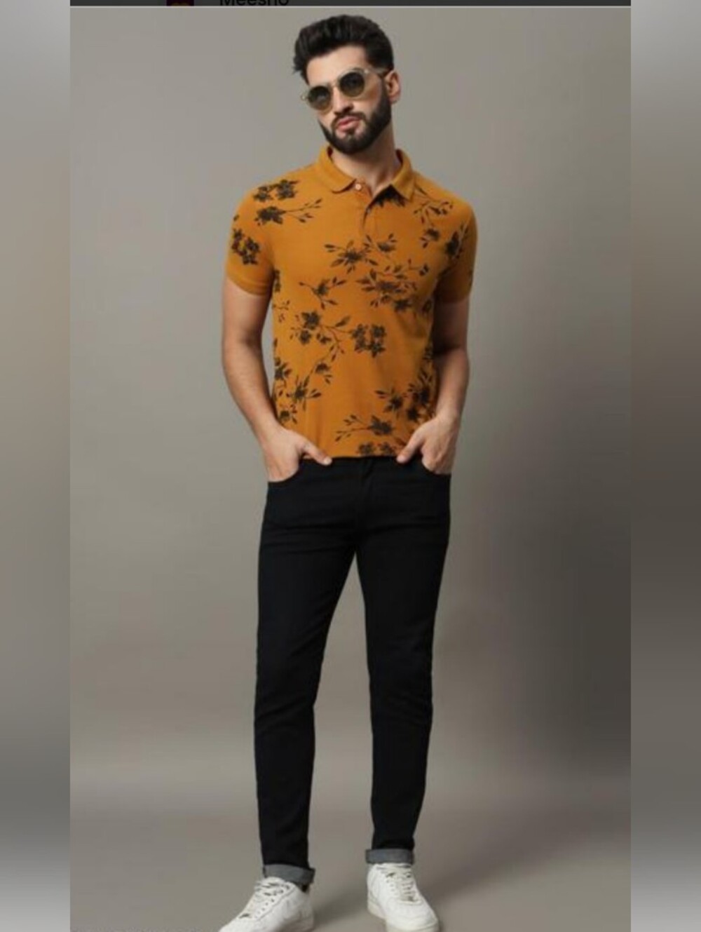 R Arhan Mustard Yellow Floral Print Fitted Polo T-shirt Tee Top XL